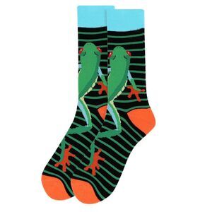 Men's Frog and Striped Print Crew Sock Gift for Him Dress Sock Groomsman New